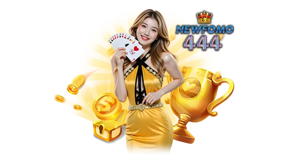 ภาพโปรโมท NEWFOMO444 หญิงสาวชุดสีทองถือไพ่บาคาร่า พื้นหลังเป็นถ้วยรางวัล เหรียญทอง และแสงสีทอง สื่อถึงคาสิโนออนไลน์ ความหรูหรา และโอกาสทำกำไร